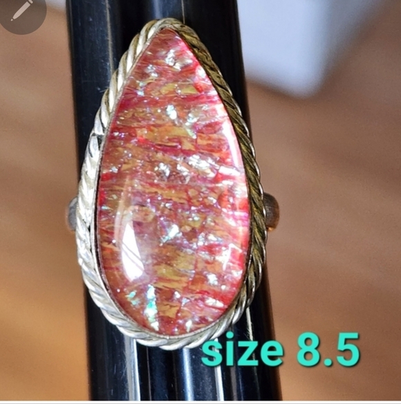 Stunning Sterling Silver Pink Dragon Breath Opal Teardrop Ring Sz 8.5 Cocktail - Picture 4 of 9